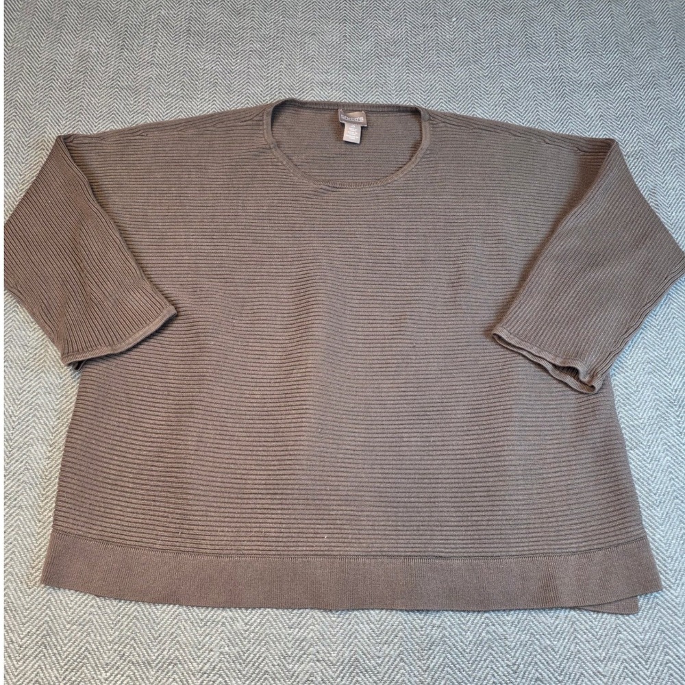 Chicos Ribbed Knit Scoop Neck Sweater Taupe Brown 3/4 Sleeve Size 3 Large XL